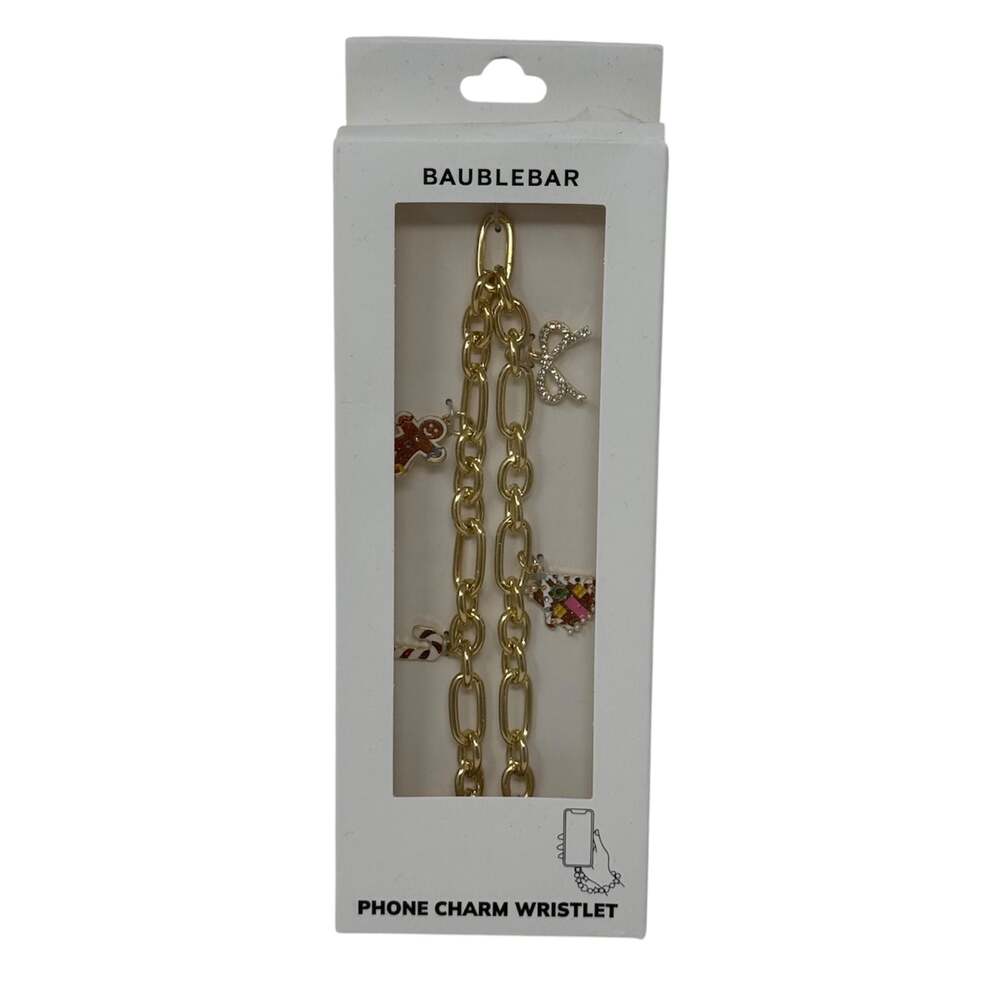 BaubleBar Christmas Holiday Gingerbread & Candy Cane Gold Curb Link Phone Charm